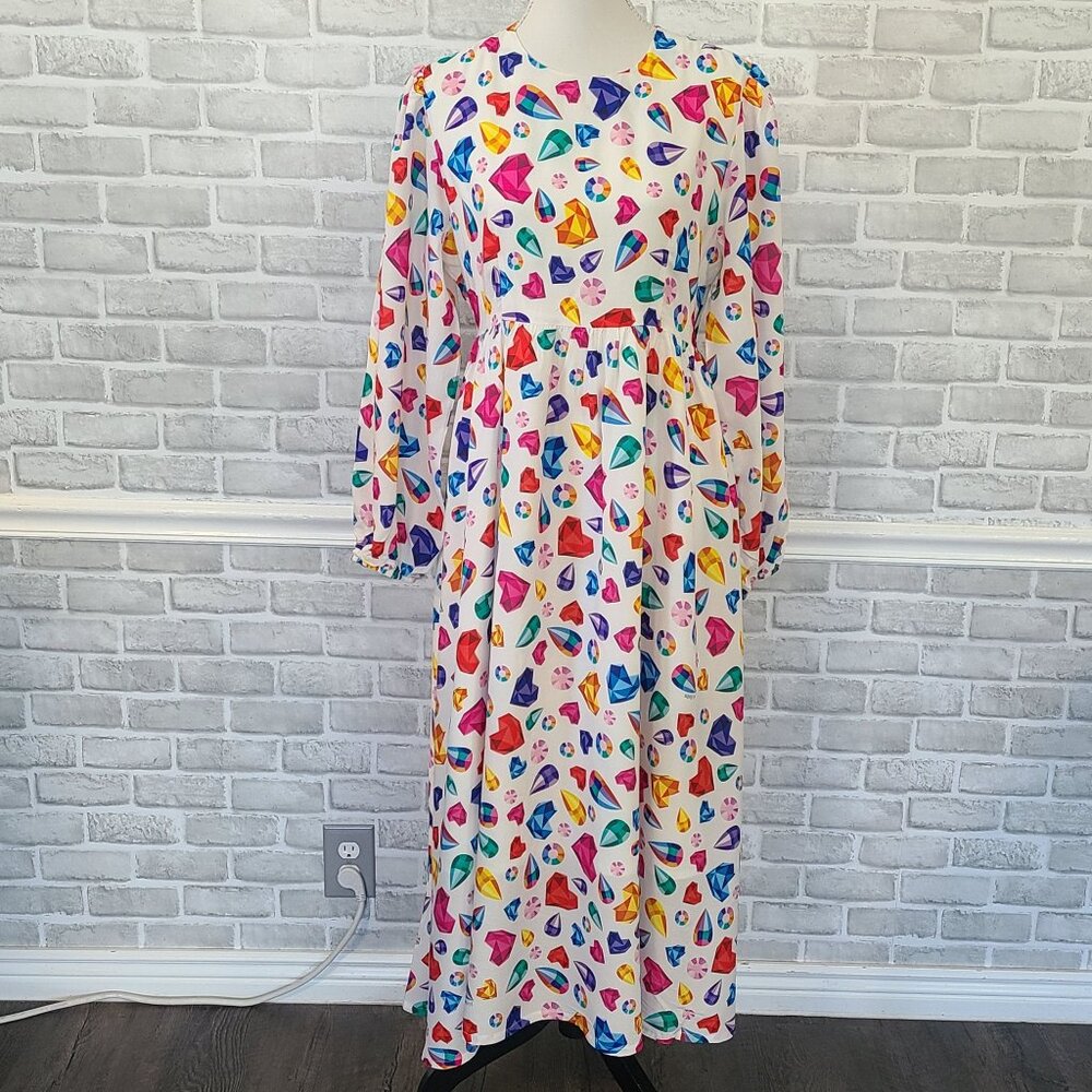 JulyLiebe Heart Gem Colorful Long Sleeve Long Dress Art to Wear Whimsical NEW M